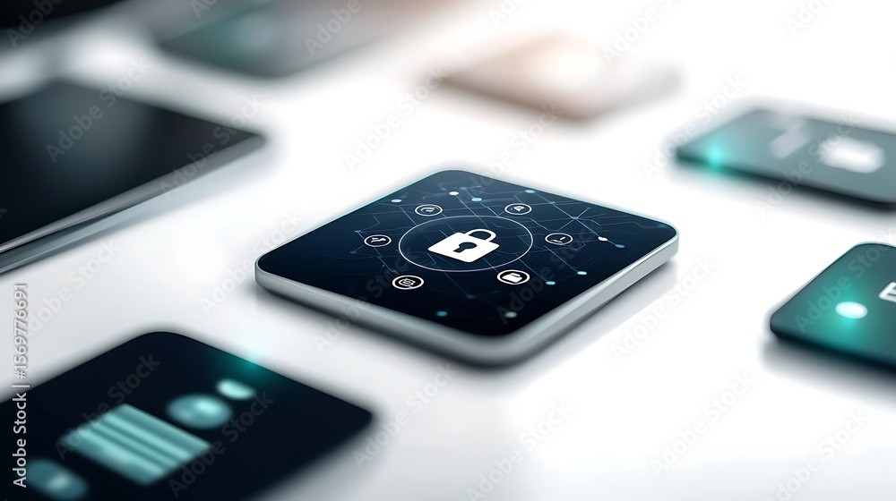 Poster modern digital interface with secure lock icon and related elements illustrating cybersecurity conce