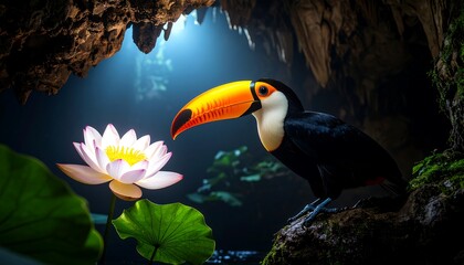 Tropical Toucan and Vibrant Lotus Flower in Enchanting Dark Cave with Ethereal Light