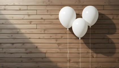 White balloons, placed against minimal wooden wall