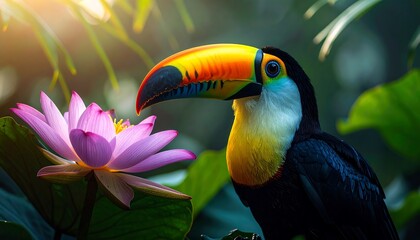 Colorful Toucan with Vibrant Beak Next to Pink Lotus Flower in Tropical Jungle Setting