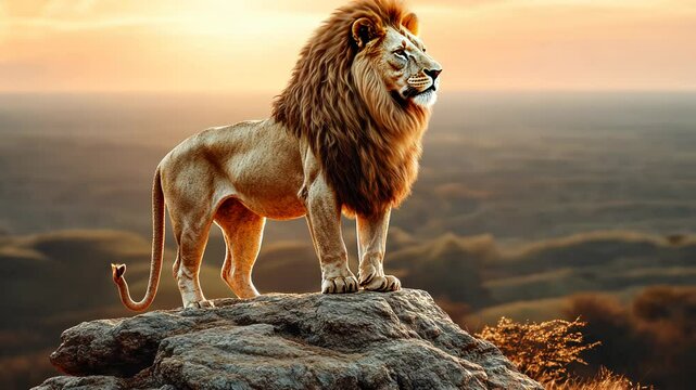 Majestic lion atop a rocky outcrop at sunset