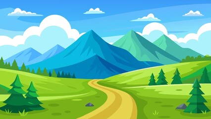 A winding yellow road curves through vibrant green hills and meadows towards blue mountains under a bright sky