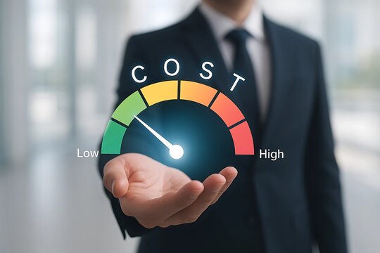 Businessman Holding Low Cost Gauge &ndash; Budget Efficiency and Financial Cost Control Concept