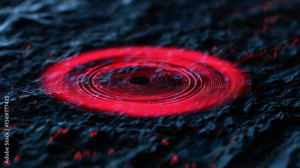 Poster concentric red circles expanding across dark textured surface, representing seismic waves radiating 