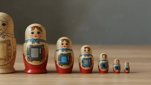Colorful Russian nesting dolls arranged on wooden table