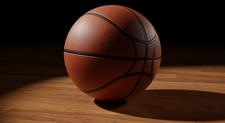Basketball on Hardwood: A perfectly-lit basketball rests on a polished hardwood court, ready for the game. The image conveys a sense of anticipation and excitement.