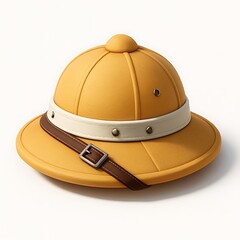 Fototapeta premium Classic yellow pith helmet with brown leather strap isolated on white background