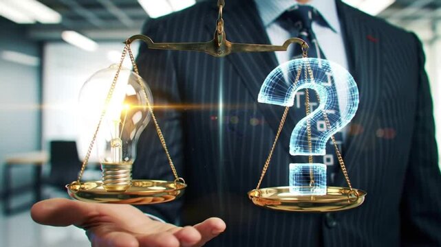 Idea vs Question Businessman Balancing Light Bulb Question Mark on Scales - Concept for Decision Making Problem Solving