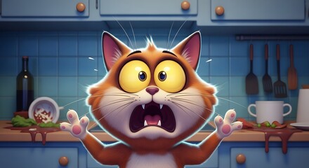 Cartoon cat with wide eyes and open mouth in a messy kitchen; humorous pet mischief