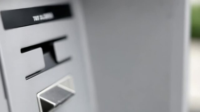 Person uses debit card at an automatic teller machine in a financial transaction setting