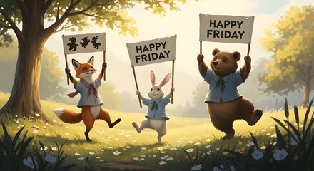 Cheerful Woodland Animals Celebrating Happy Friday in a Sun-Drenched Meadow A Whimsical Scene