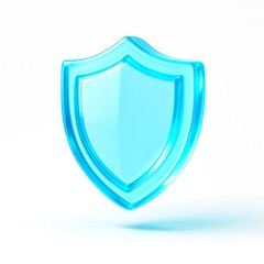 Shiny blue glass shield emblem with a subtle glow isolated on white background
