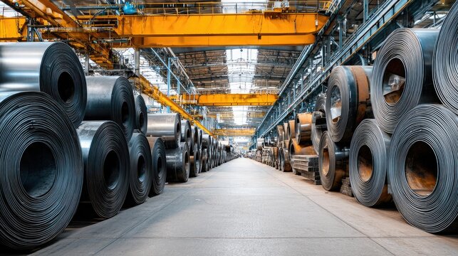 Warehouse section of parts factory with metal coils and processed steel sheets stacked