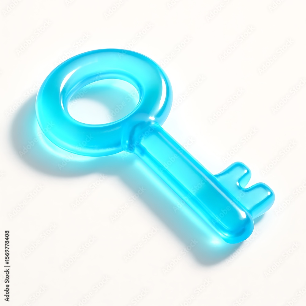 Poster shiny translucent blue key object isolated on white background with soft shadow