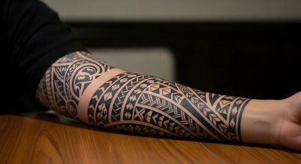 Ornate Arm Tattoo Detailed Black Ink Sleeve Tattoo Design on Arm