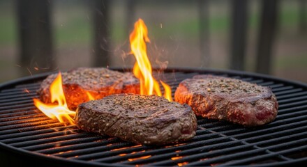 Juicy steaks grilling over open flames on a barbecue pit outdoors