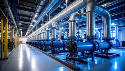Industrial Piped Network: A futuristic industrial scene showcases an intricate network of pipes, creating a sense of order and technological advancement within a factory or plant setting.