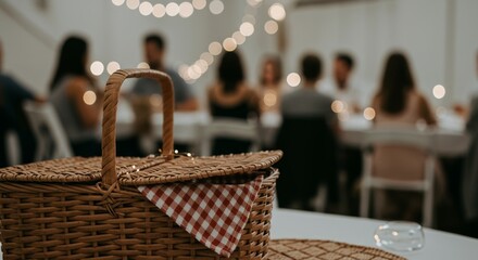 Wicker picnic basket with blanket and string lights at indoor dinner gathering