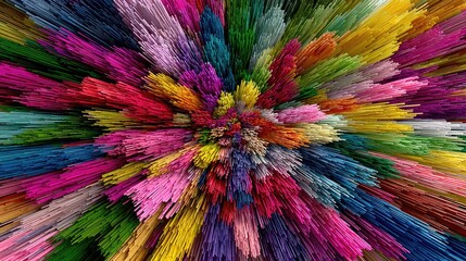 Abstract burst of pixels and shards in vibrant digital colors with a central focal glow