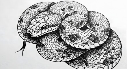 Striking Black and White Snake Illustration A Detailed Wildlife Study with Intricate Scale Patterns and Piercing Gaze