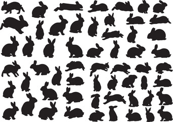 Extensive collection of various black rabbit silhouettes showcasing diverse poses and movements, ideal for Easter, animal themes, nature designs, and playful graphic projects