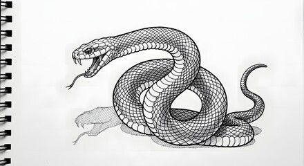 Obraz premium Detailed Black and White Sketch of a Coiled Snake with Open Mouth Ready to Strike Illustration