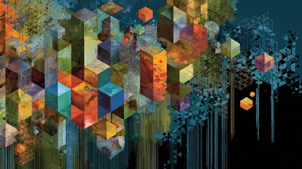 Abstract collage of colorful layered polygons and broken grid patterns floating on dark surface
