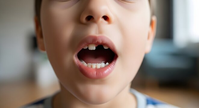 Missing Tooth Grin A Cheerful Child Shows Off Their New Gap in a Close-Up