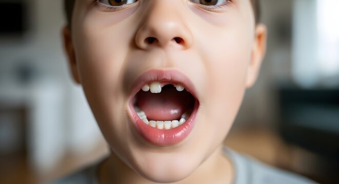 Gap-Toothed Grin Close-Up of a Young Boy with Missing Front Teeth Expressing Childhood Joy
