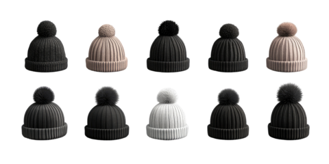 Nine ribbed knit hats with pom-poms in various shades of gray, beige, and white