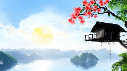 Serene Sunrise Over Misty Mountains Small House in Tree, Red Flowers