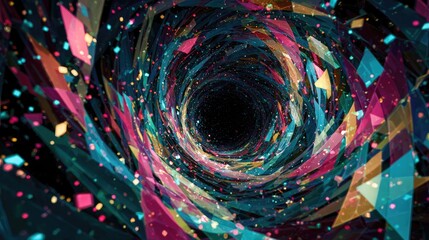 Abstract geometric tunnel with shifting light and bright color accents over a dark void
