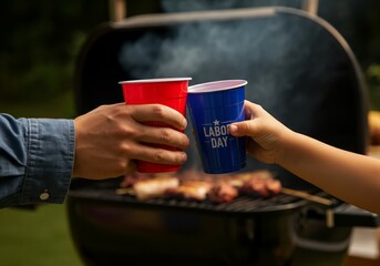 Hands toasting with red and blue cups at Labor Day BBQ celebration