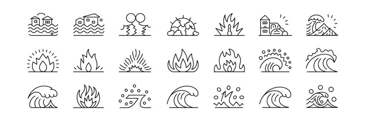 Fototapeta na wymiar Natural disaster Line Icons Set, Earthquake, Tsunami, Fire, Flood, Line Drawing