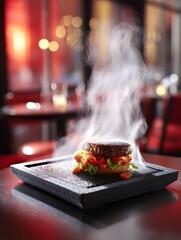 A gourmet burger on a black stone plate served in a fancy restaurant