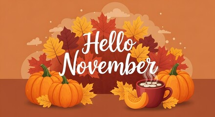 Hello November An Autumnal Celebration with Pumpkins, Leaves, and Warm Drinks for a Cozy Season 