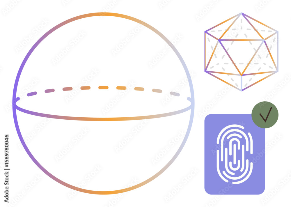 Poster gradient-outlined sphere, wireframe cube, and fingerprint with checkmark symbolizing geometry, secur