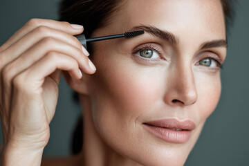 A precise beauty shot captures a model applying eyebrow mascara, highlighting defined brows and bright eyes. The image emphasizes meticulous makeup application and natural, enhanced features.