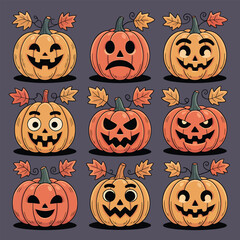 Collection of Cute and Spooky Halloween Pumpkin Faces with Autumn Leaves Vector Se