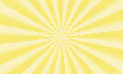 Radiant yellow background. Pop art comic book background. Sunburst yellow background with radial lines and halftone dots. 