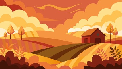 A cozy red barn sits on a golden field under a warm, cloudy autumn sky with colorful trees and foliage