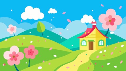 A charming yellow cottage sits on a green hill surrounded by blooming pink flowers and falling petals under a bright blue sky