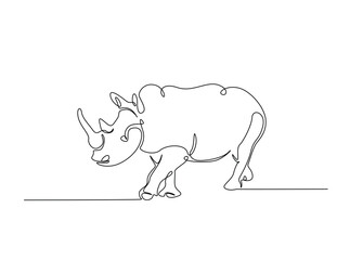 Wild rhinoceros in single outline illustration. Continuous line art drawing of rhino animal.