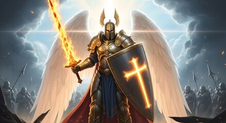 Golden Angelic Warrior with Sword and Shield Amidst a Stormy Sky and Distant Army