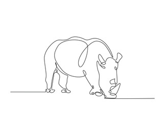 Wild rhinoceros in single outline illustration. Continuous line art drawing of rhino animal.