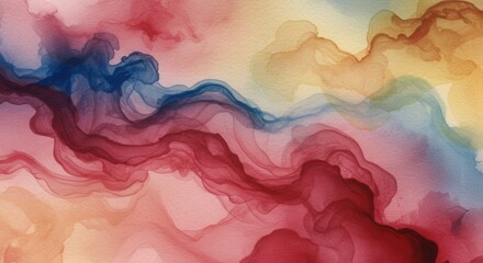 Abstract alcohol ink painting: swirling hues of red, blue, and gold