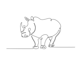 Wild rhinoceros in single outline illustration. Continuous line art drawing of rhino animal.