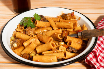 Steaming hot bowl of beef and vegetable rigatoni pasta ready to eat