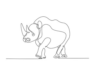 Wild rhinoceros in single outline illustration. Continuous line art drawing of rhino animal.