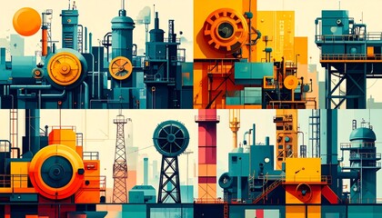 Abstract Modern Industrial Complex Vibrant Geometric Machinery and Factory Structures Illustration